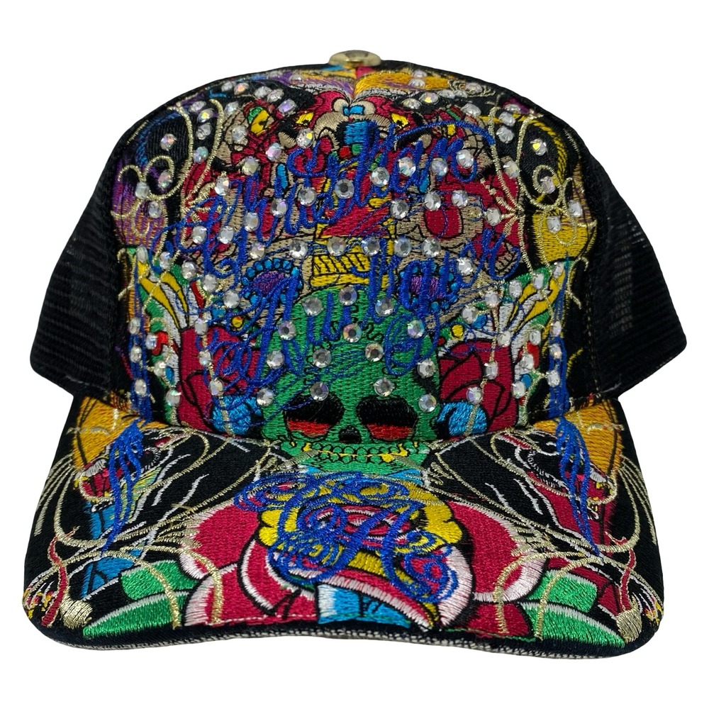 Christian Audigier Skull Rhinestone Embroidered Mesh Trucker Hat Black Multi - Picture 3 of 14